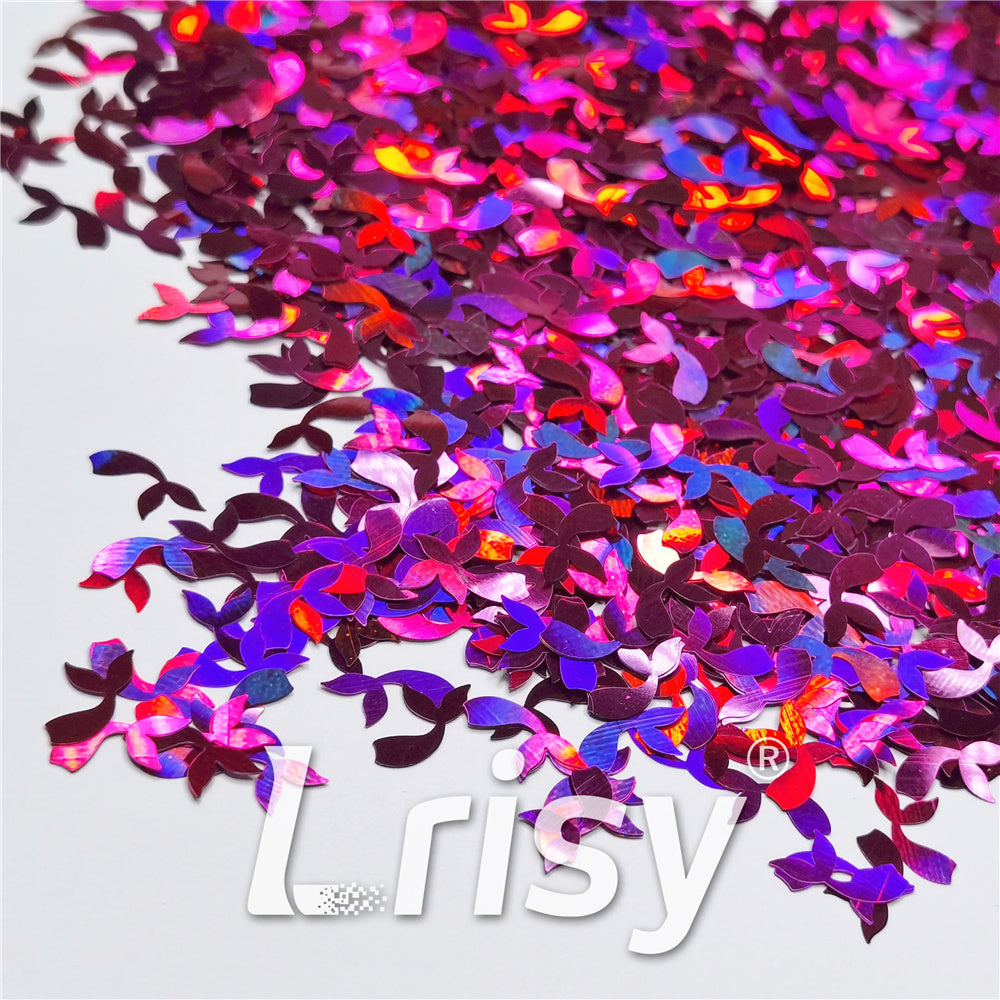 9mm Fish Tail Shaped Holographic Rose Red Glitter LB0912
