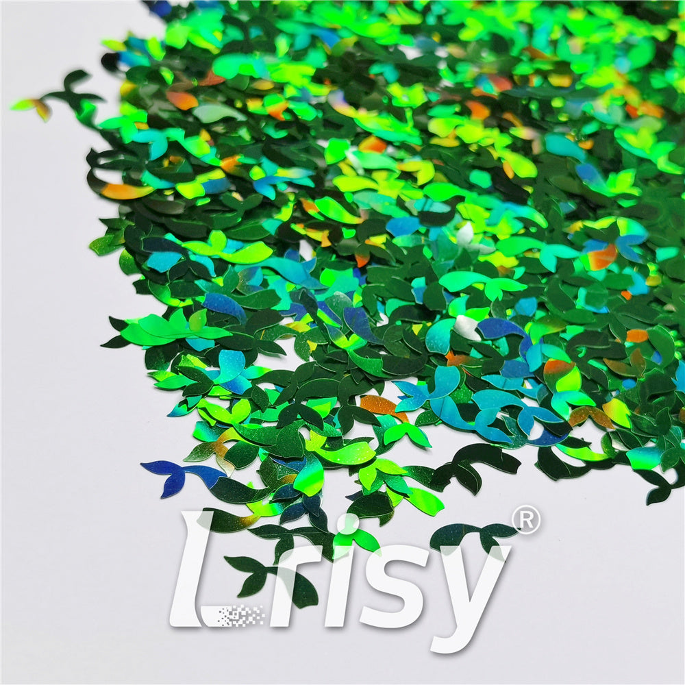 9mm Fish Tail Shaped Holographic Green Glitter LB0600