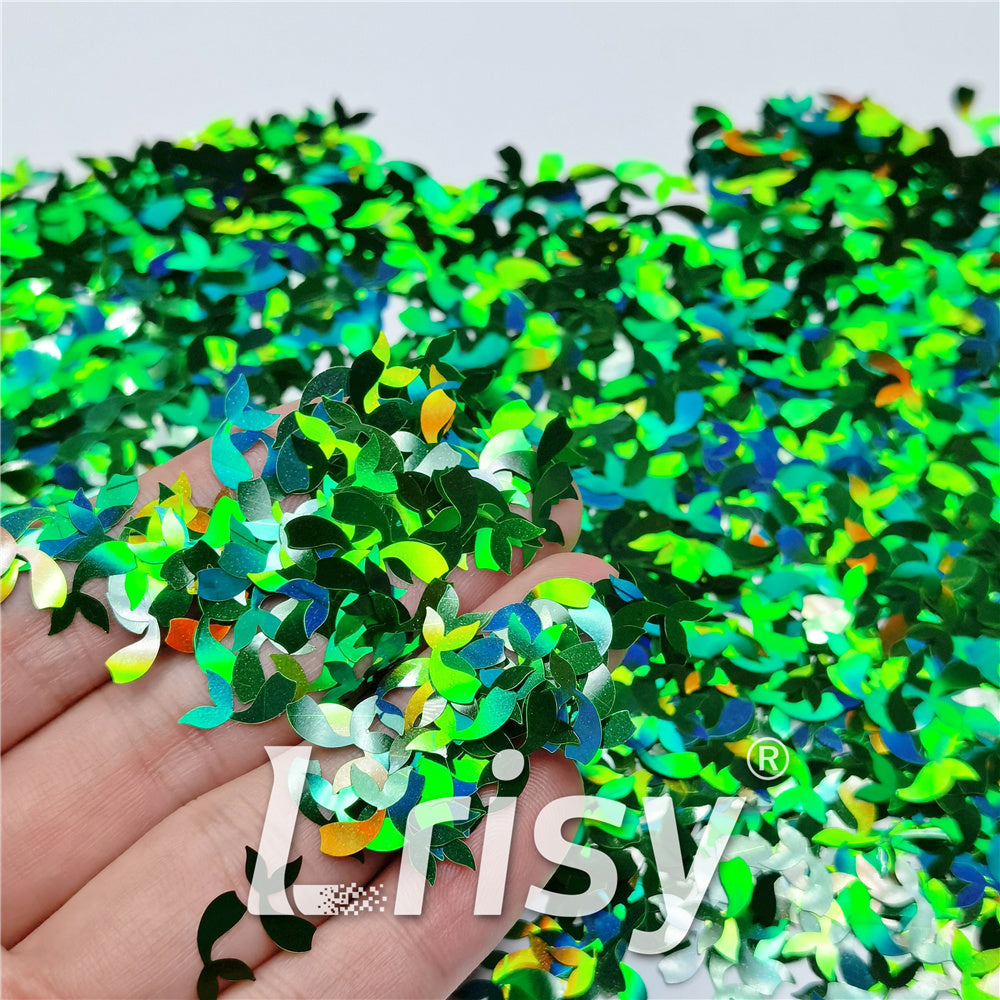 9mm Fish Tail Shaped Holographic Green Glitter LB0600