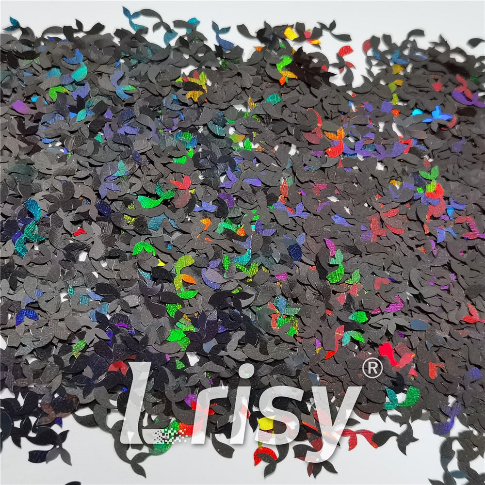 9mm Fish Tail Shaped Holographic Black Glitter LB01000
