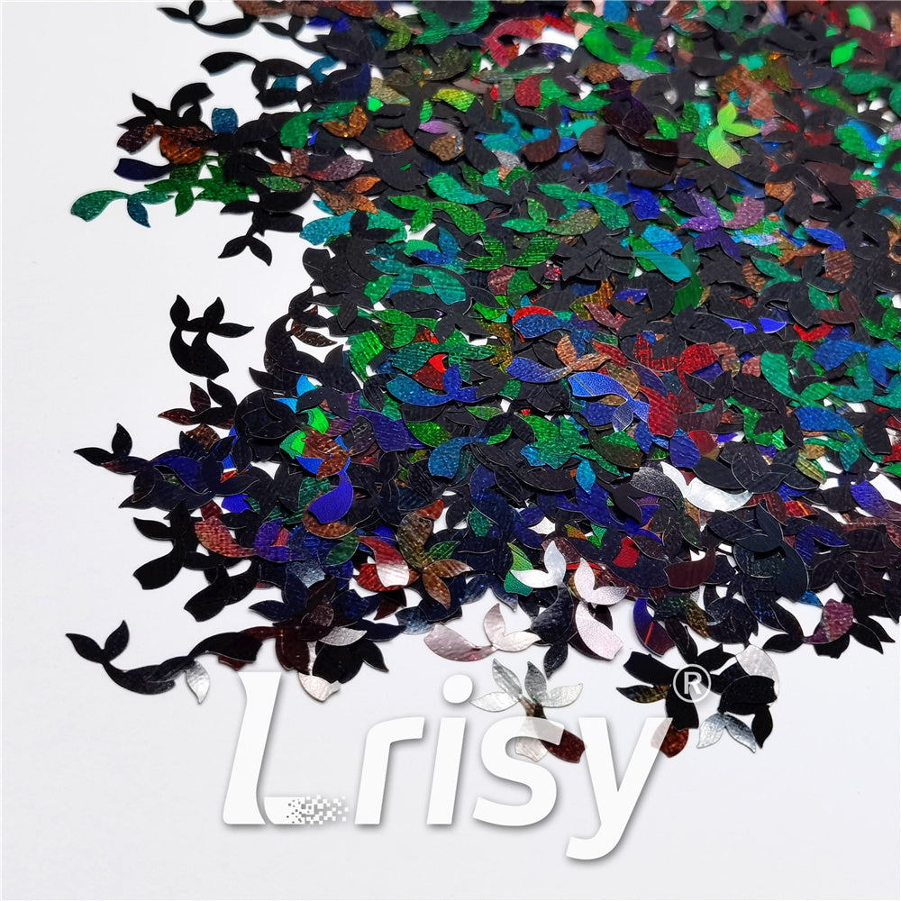 9mm Fish Tail Shaped Holographic Black Glitter LB01000