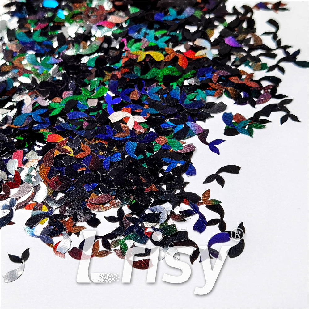 9mm Fish Tail Shaped Holographic Black Glitter LB01000