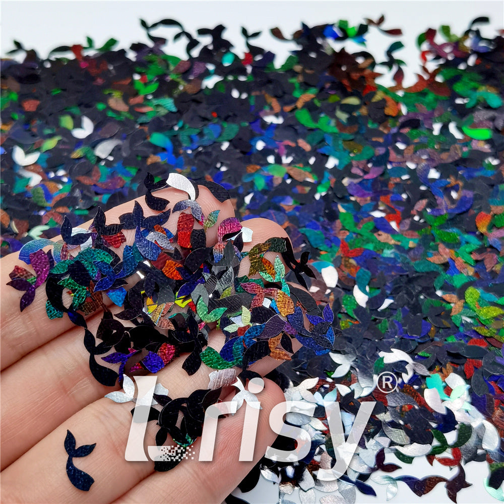9mm Fish Tail Shaped Holographic Black Glitter LB01000