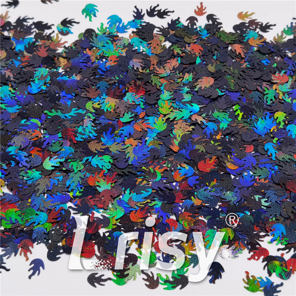 9mm Flame Or Fire Shaped Holographic Black Glitter LB01000