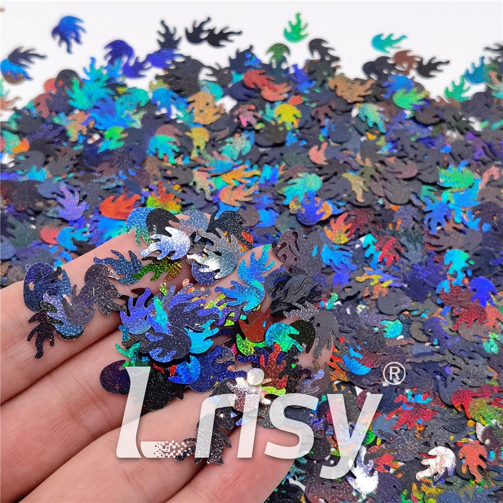 9mm Flame Or Fire Shaped Holographic Black Glitter LB01000
