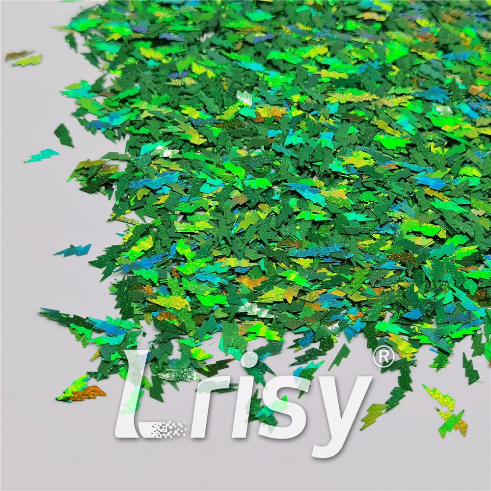 4mm Thunder Or Lightning Shaped Holographic Green Glitter LB0600