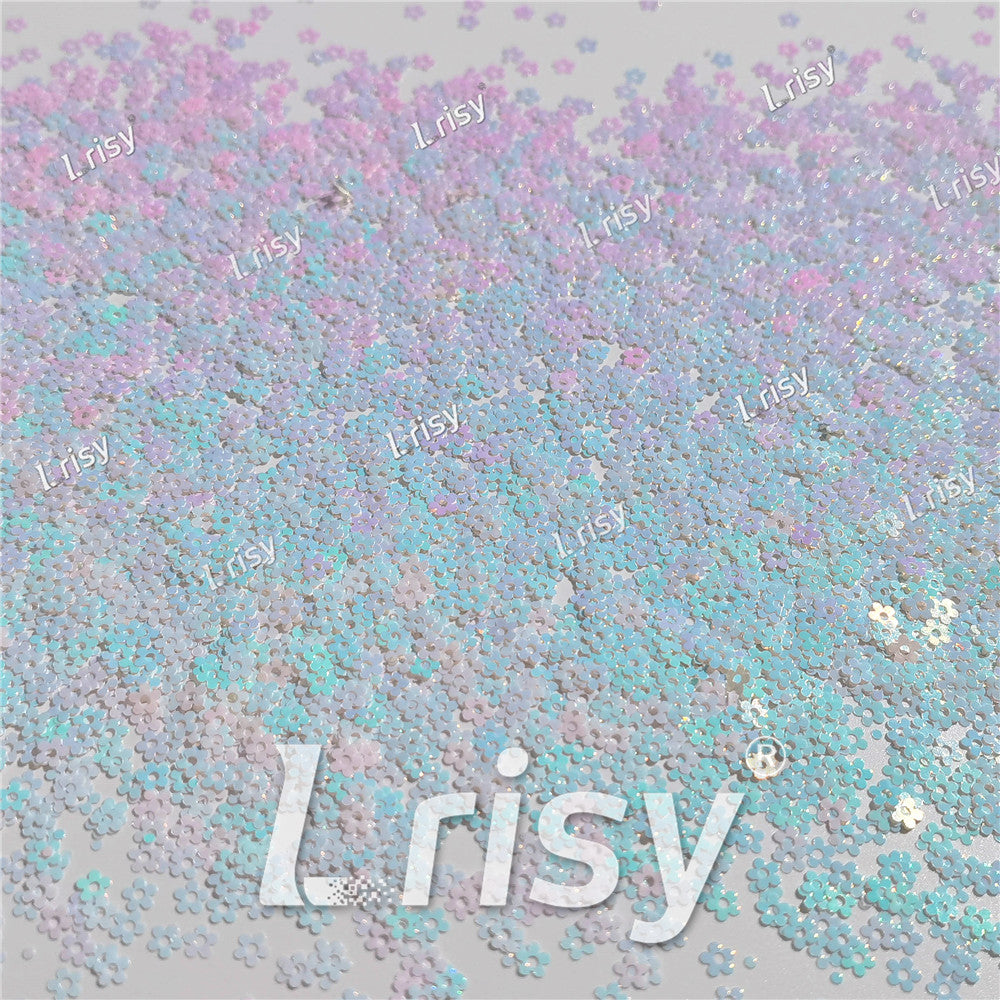 4mm Hollow Out Plum Flower Shaped Iridescent Ice Blue Glitter C021R