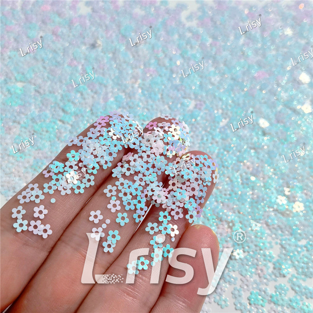 4mm Hollow Out Plum Flower Shaped Iridescent Ice Blue Glitter C021R
