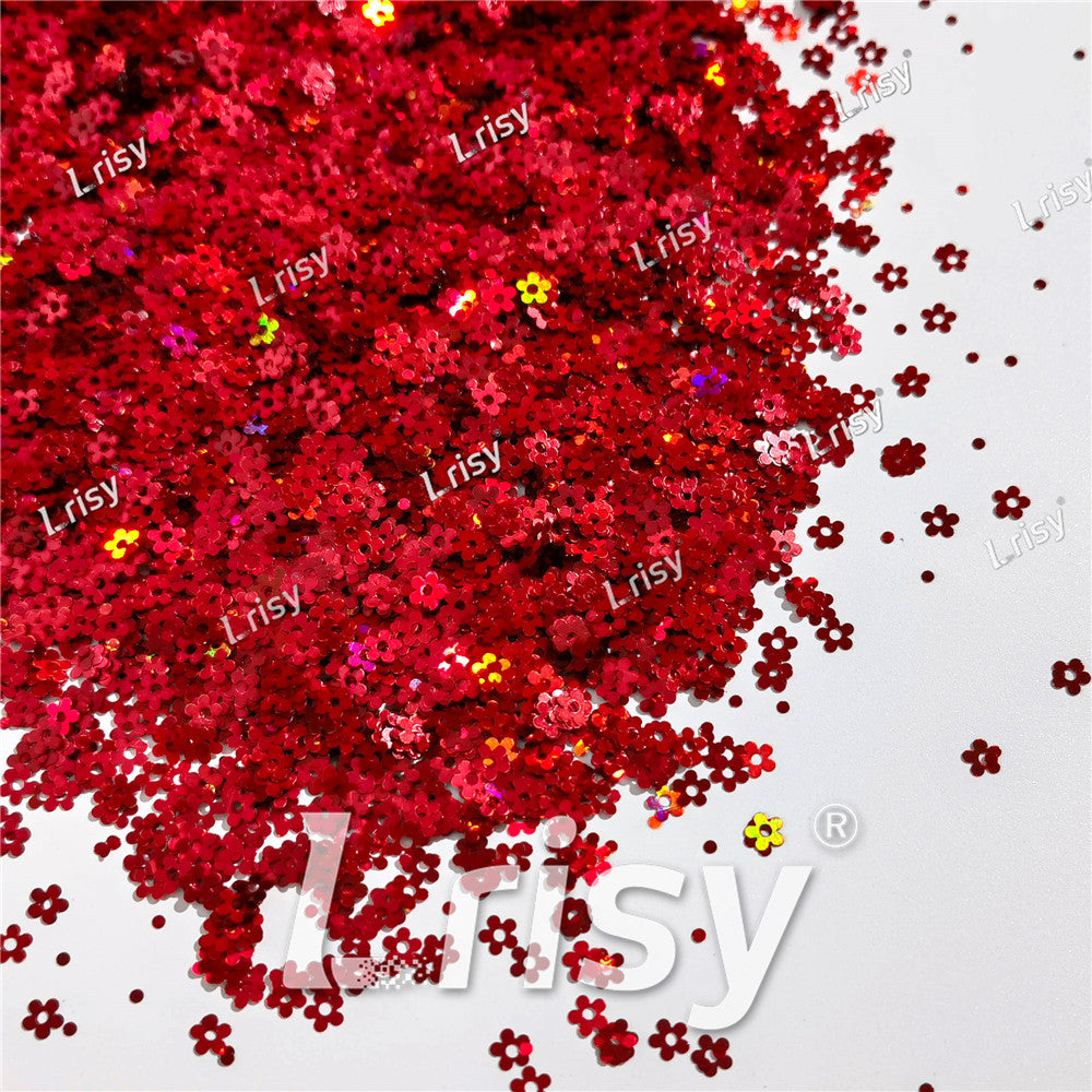 4mm Hollow Out Plum Flower Shaped Holographic Red Glitter LB0300