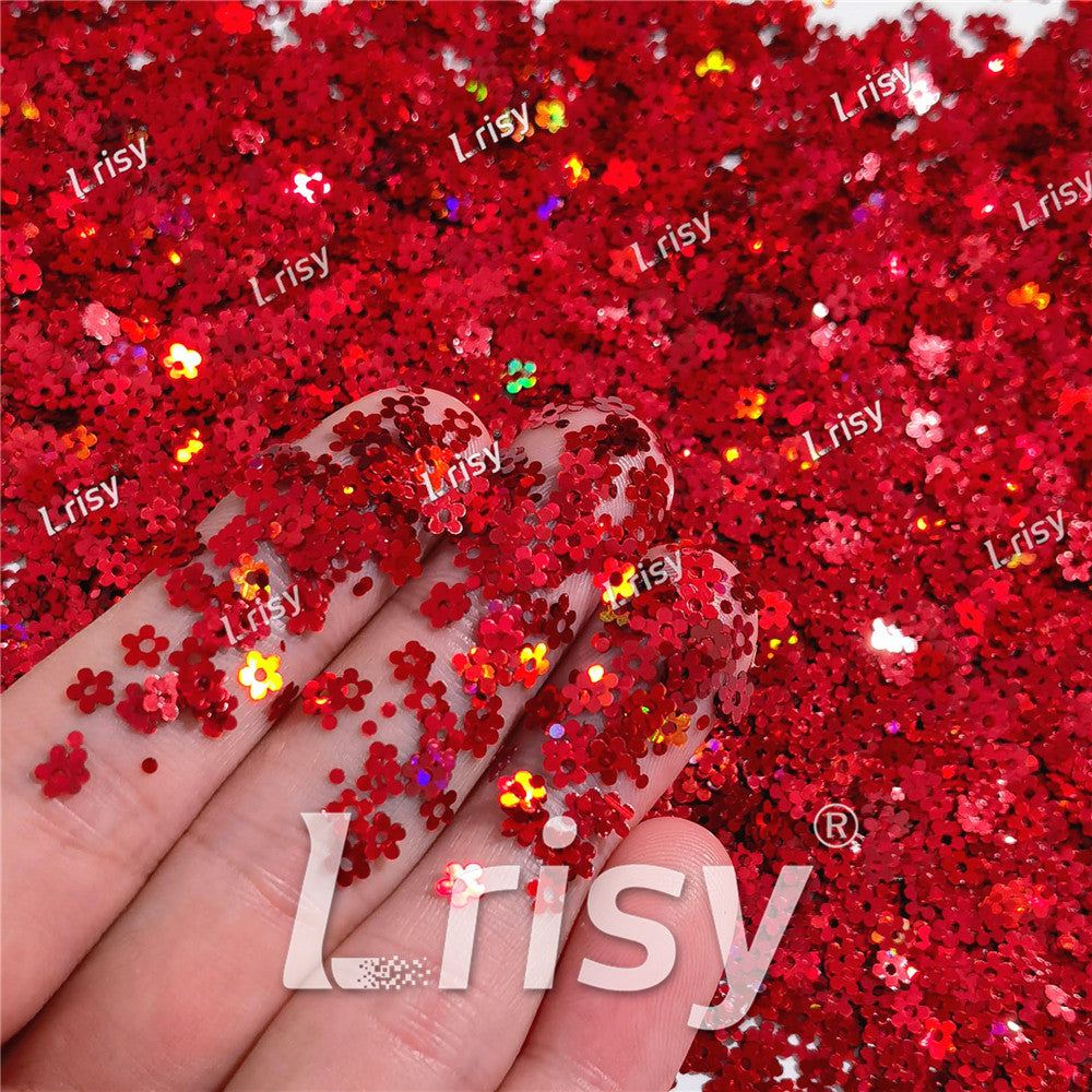 4mm Hollow Out Plum Flower Shaped Holographic Red Glitter LB0300