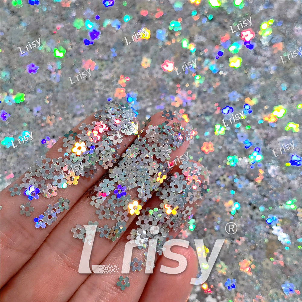 4mm Hollow Out Plum Flower Shaped Holographic Silver Glitter LB0100