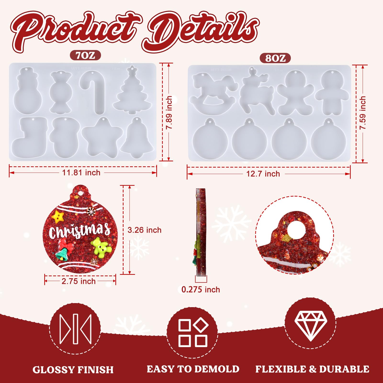 Christmas Resin Molds Silicone - 16-Cavity 3 Inch Large Ornament Molds for Resin Art, Keychains & Tree Decorations