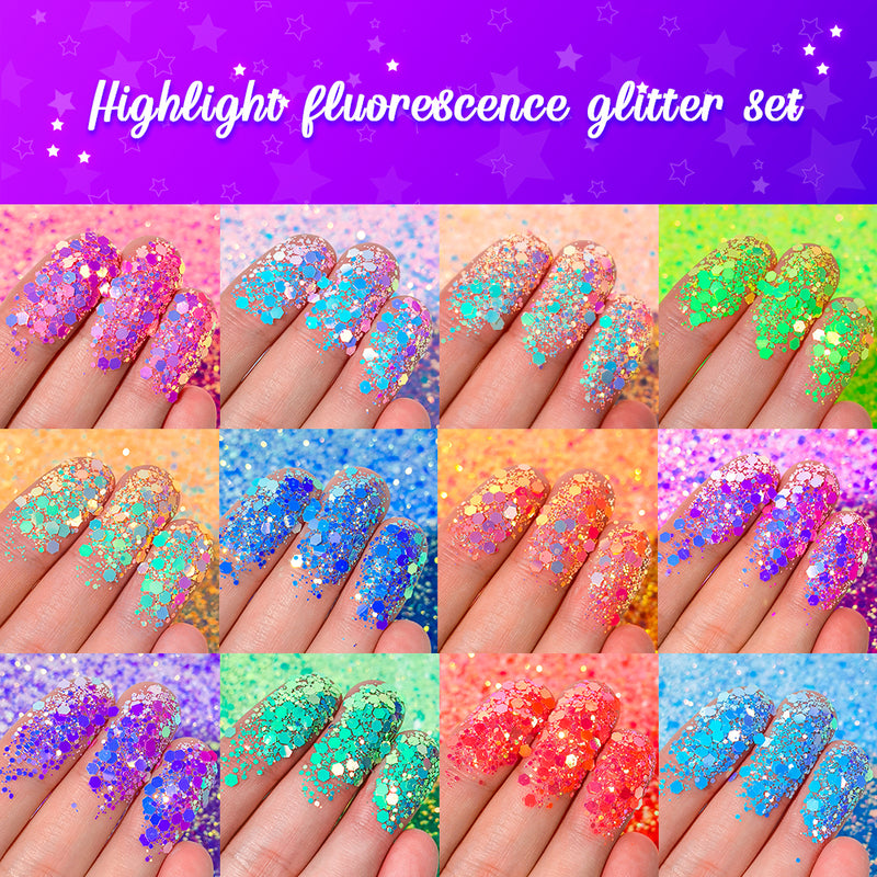 Lrisy Fluorescent Iridescent Glitter Set/Kits 12 Colors