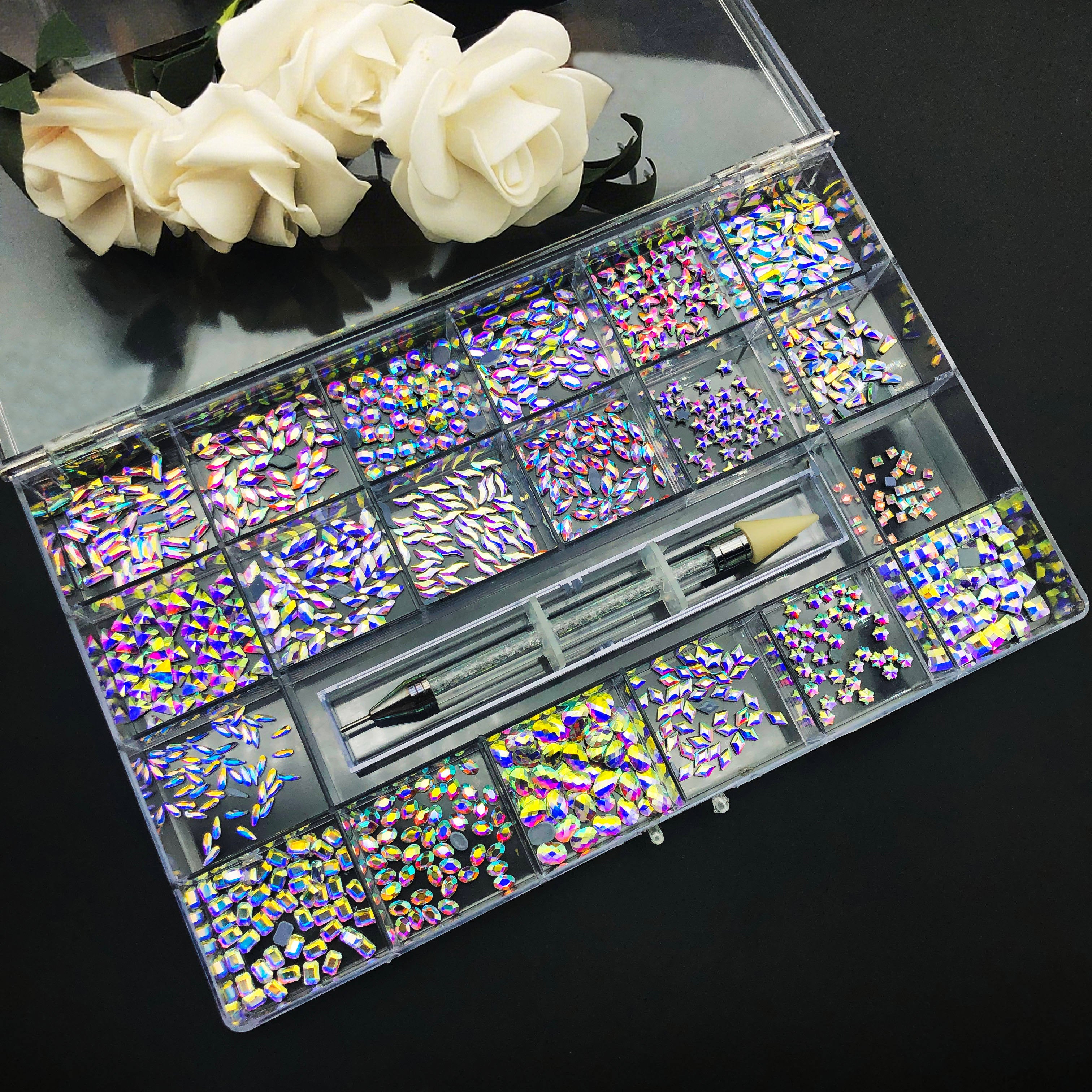 B1 High-Quality Multi-Shape Glass Crystal Flatback Decorations | 14 Styles + 6 Sizes | Includes Picker