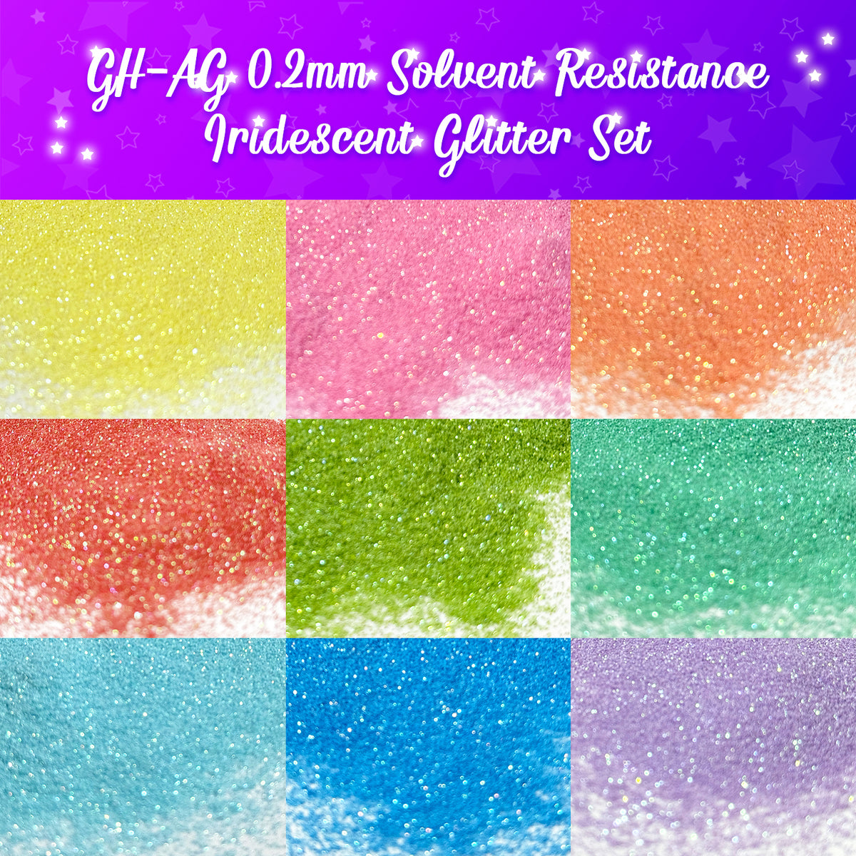 GH-AG 0.2mm Solvent Resistance Iridescent Glitter Set 9 Colors