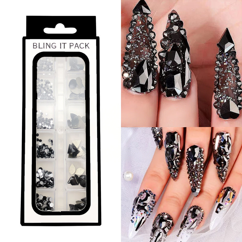 12-Grid Best Seller Glass Nail Rhinestone Kit | Multi-Shape Flatback Glass Diamonds