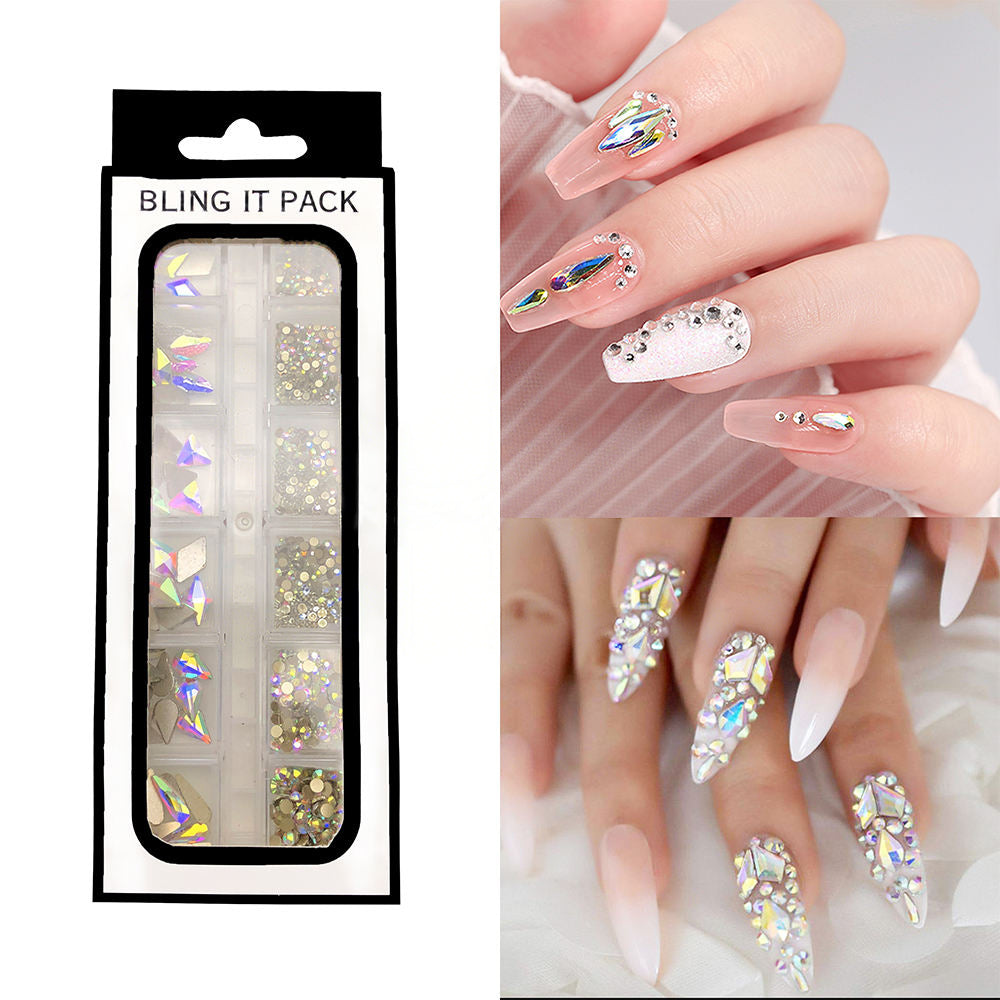12-Grid Best Seller Glass Nail Rhinestone Kit | Multi-Shape Flatback Glass Diamonds