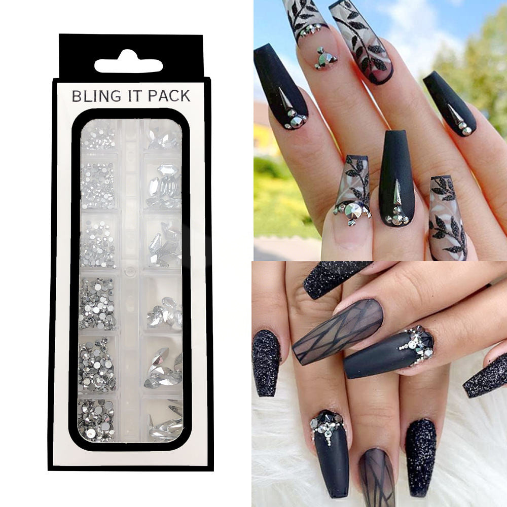 12-Grid Best Seller Glass Nail Rhinestone Kit | Multi-Shape Flatback Glass Diamonds