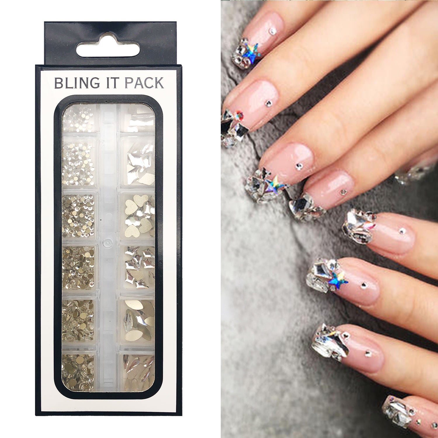12-Grid Best Seller Glass Nail Rhinestone Kit | Multi-Shape Flatback Glass Diamonds