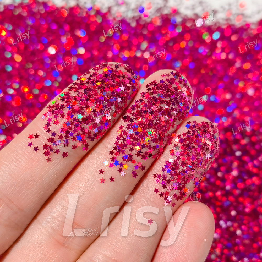 1mm Star Shaped Holographic Rose Red Chunky Glitter LB0912