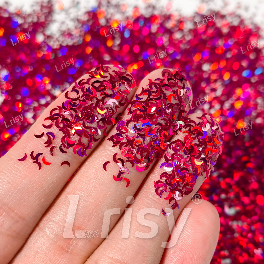 2.5mm Moon Shaped Holographic Rose Red Glitter LB0912