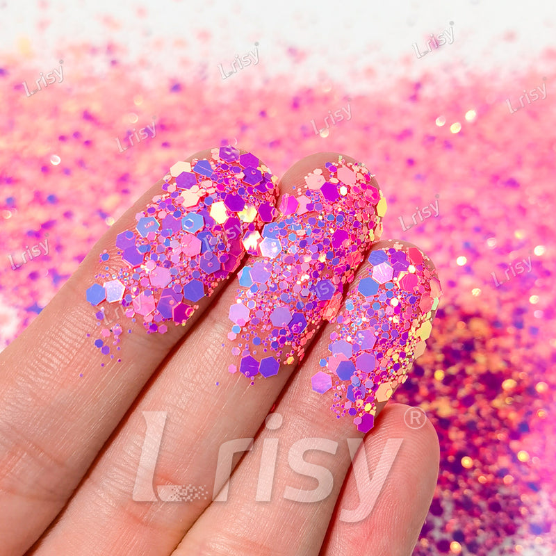 High Brightness Fluorescent Iridescent Magenta Chunky Mixed Glitter HX-HR007