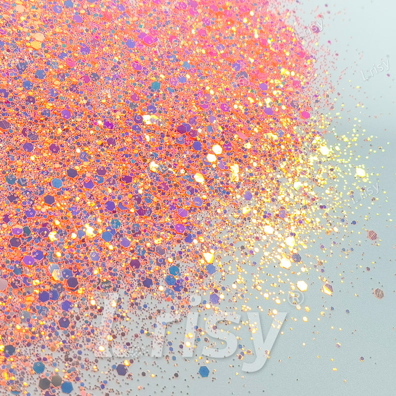 High Brightness Fluorescent Iridescent Light Orange Red Chunky Mixed Glitter HX-HR004