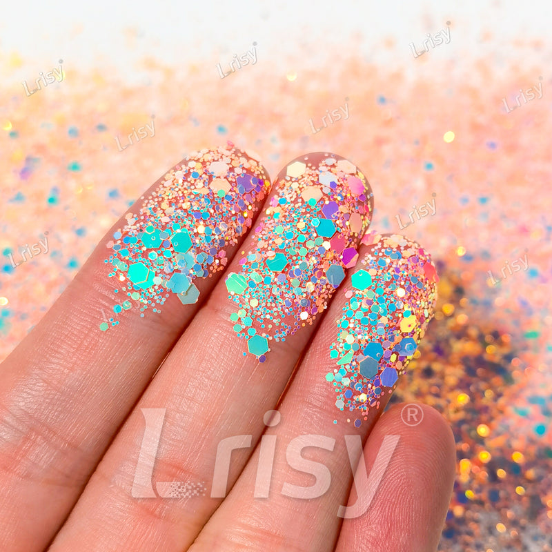 High Brightness Fluorescent Iridescent Light Orange Red Chunky Mixed Glitter HX-HR004