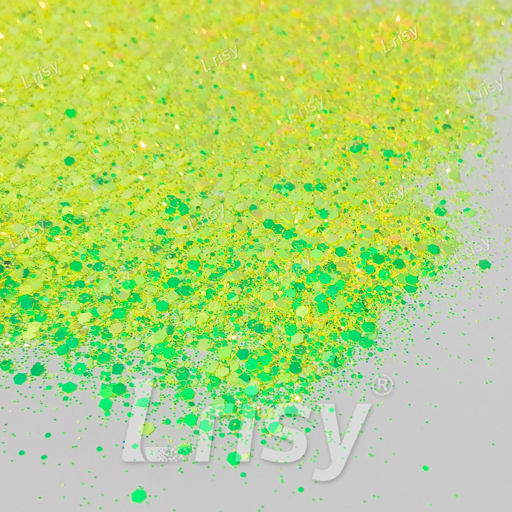 High Brightness Fluorescent Iridescent Yellow Chunky Mixed Glitter HX-HR001