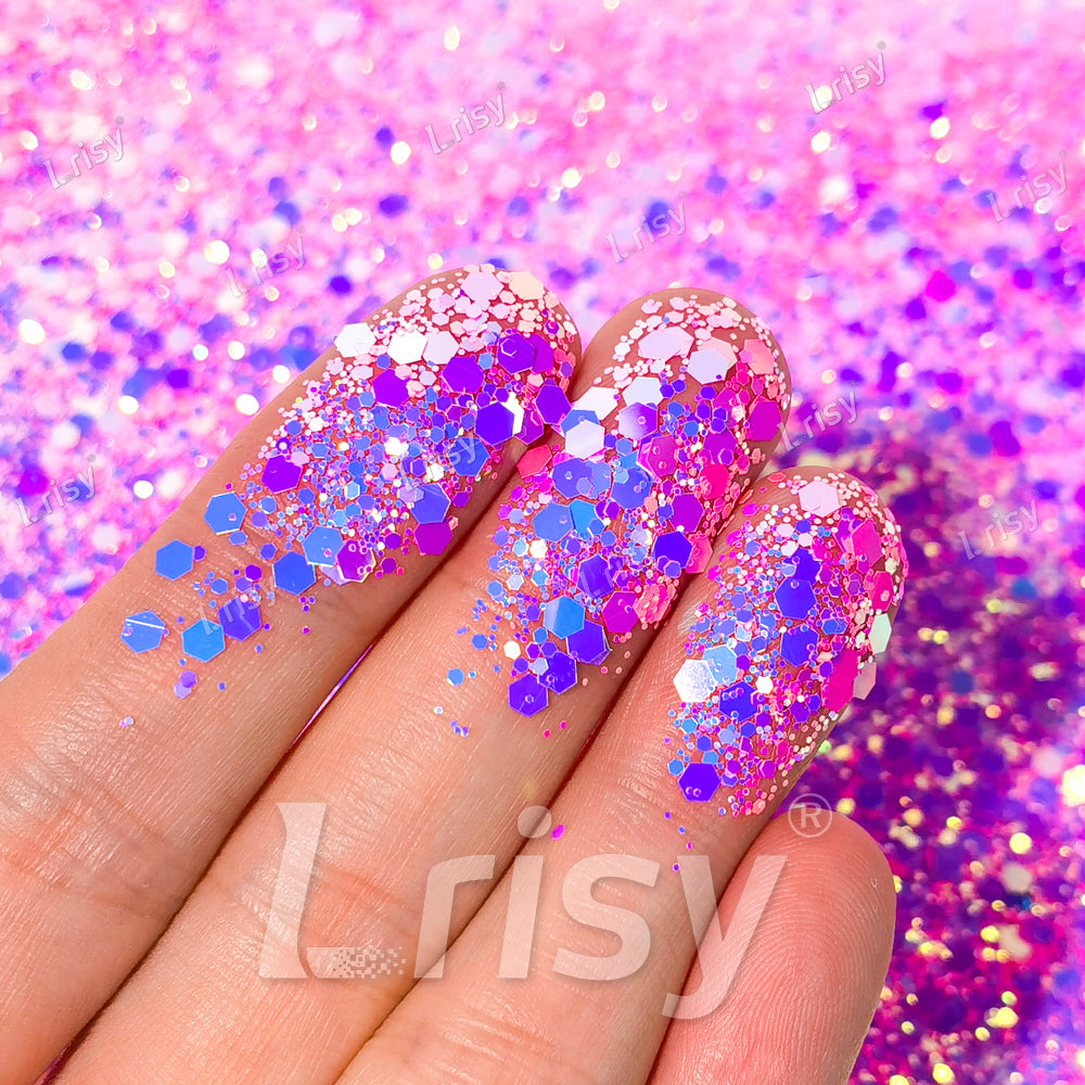 High Brightness Fluorescent Iridescent Magenta Chunky Mixed Glitter HX-HR006