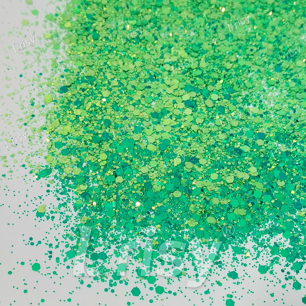 High Brightness Fluorescent Iridescent Lake Green Chunky Mixed Glitter HX-HR003