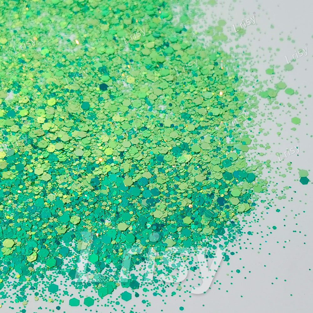 High Brightness Fluorescent Iridescent Lake Green Chunky Mixed Glitter HX-HR003