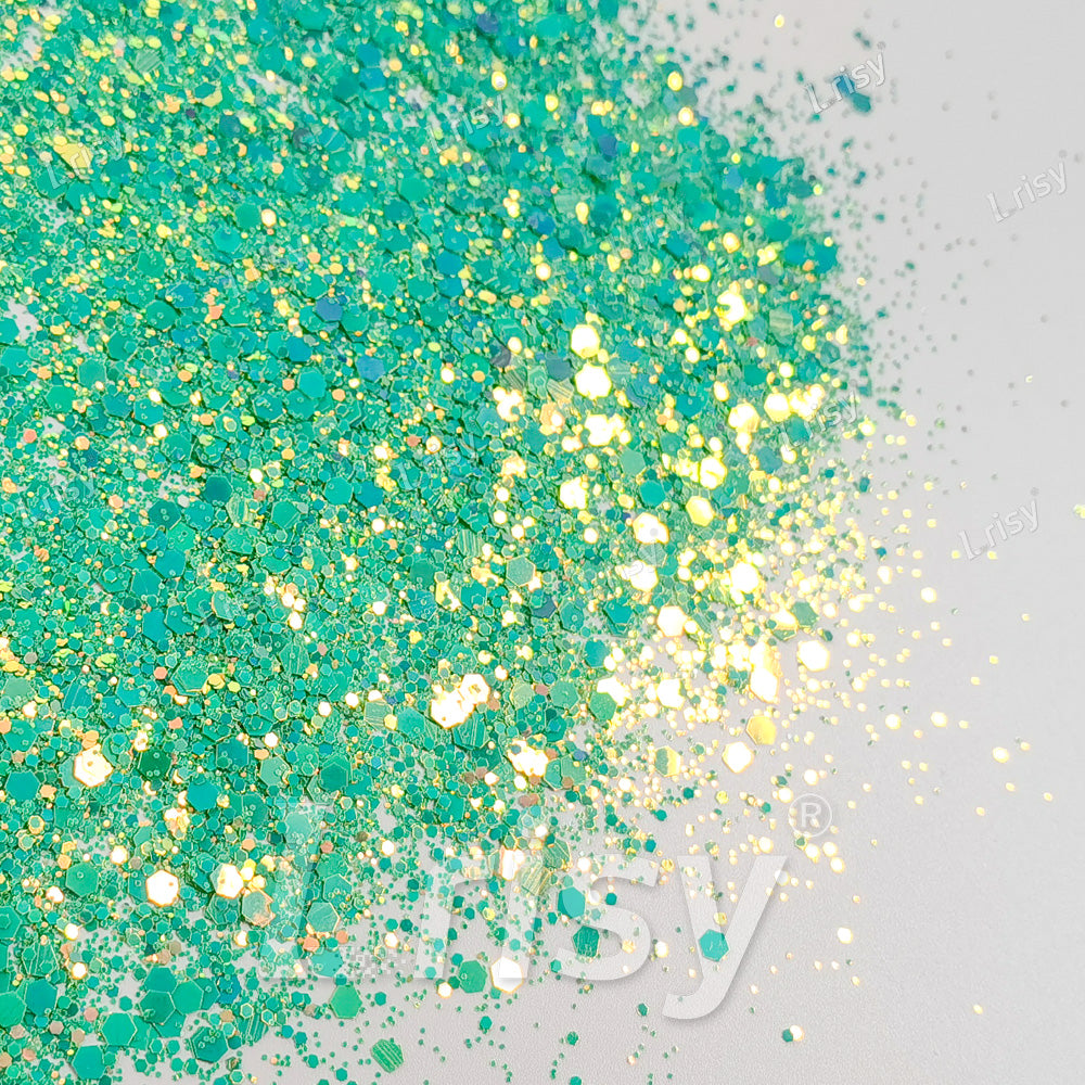 High Brightness Fluorescent Iridescent Lake Green Chunky Mixed Glitter HX-HR003