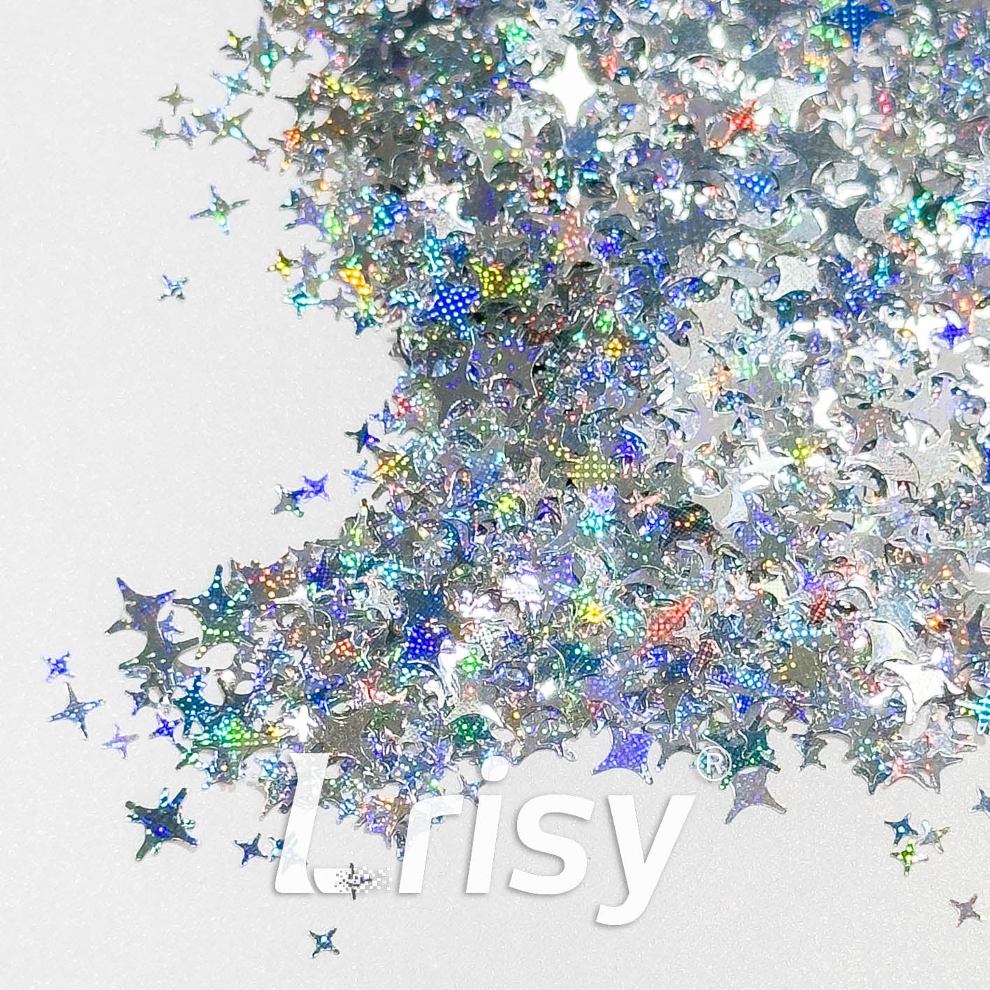 3/4/5mm Four Pointed Star Mixed Starlight Holographic Silver Glitter 1100p