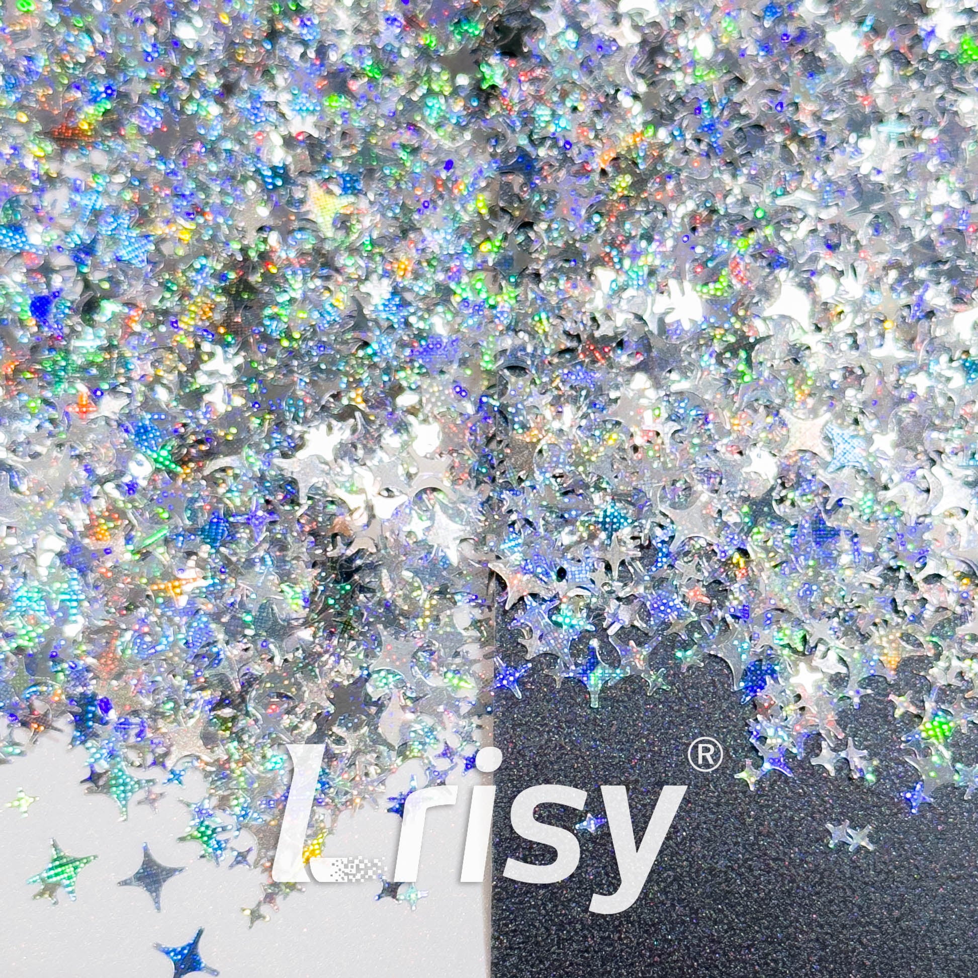 3/4/5mm Four Pointed Star Mixed Starlight Holographic Silver Glitter 1100p