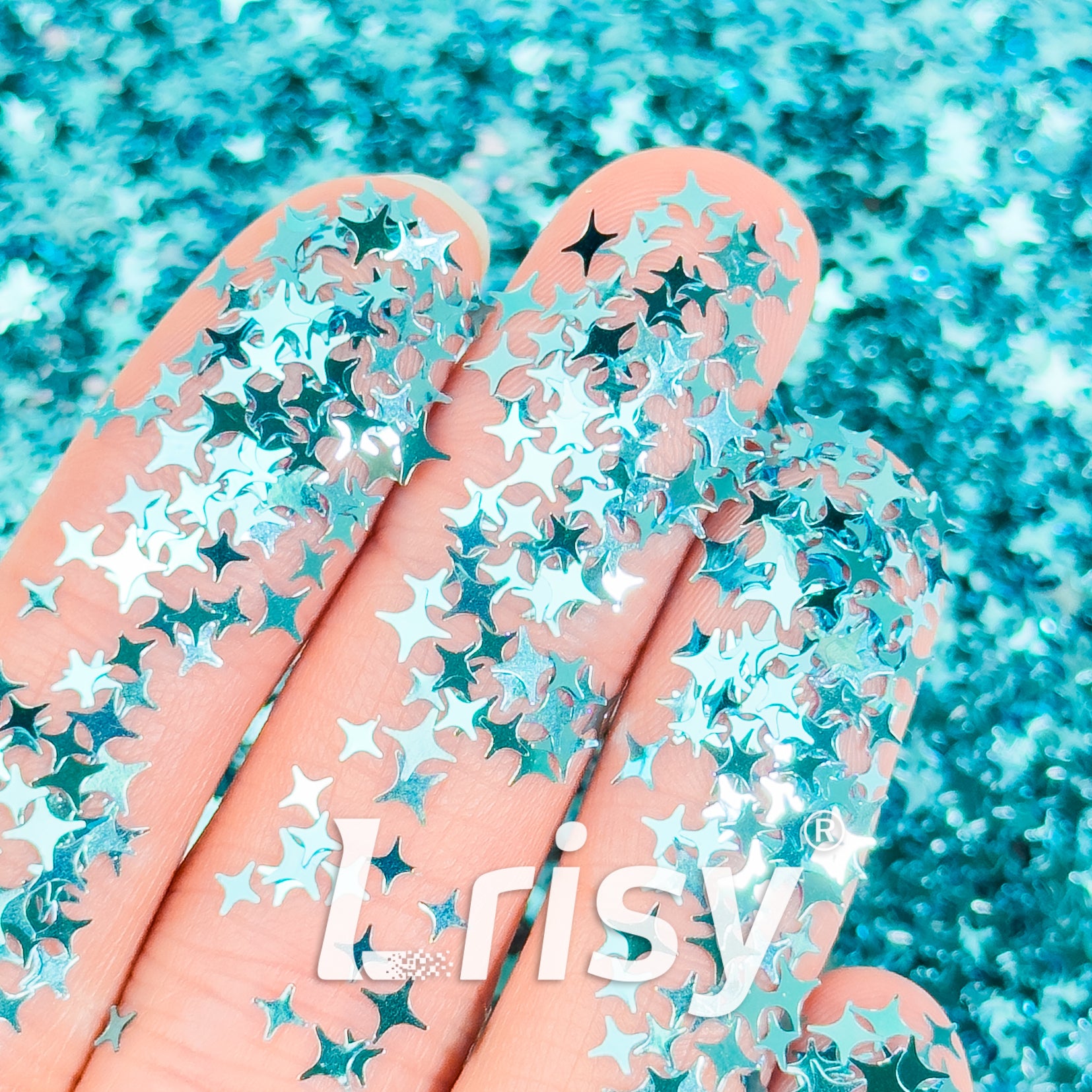 3/4/5mm Four Pointed Star Mixed Sky Blue Glitter B0711