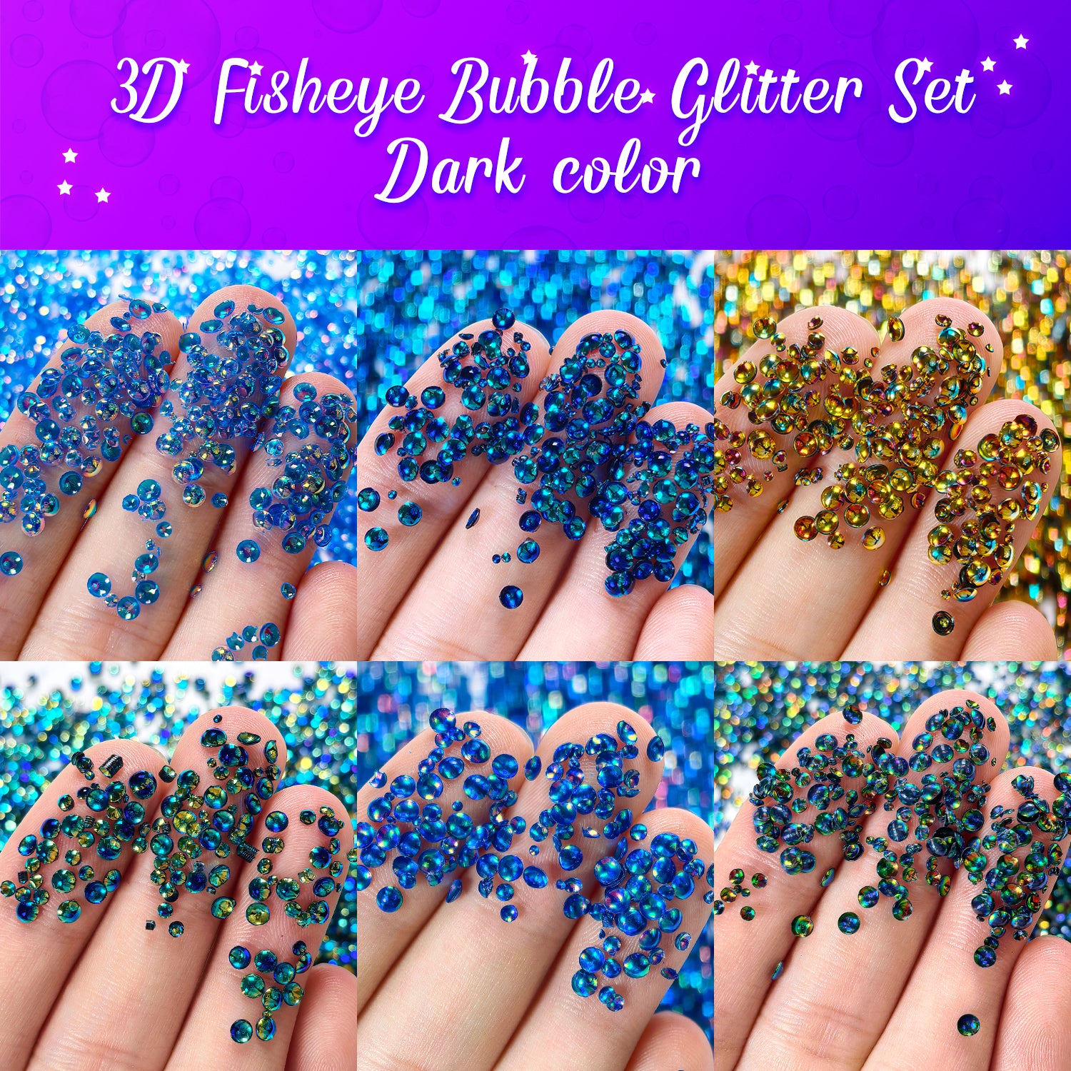 Dark Color PG 3D Fisheye Bubble Glitter Set 6 Colors
