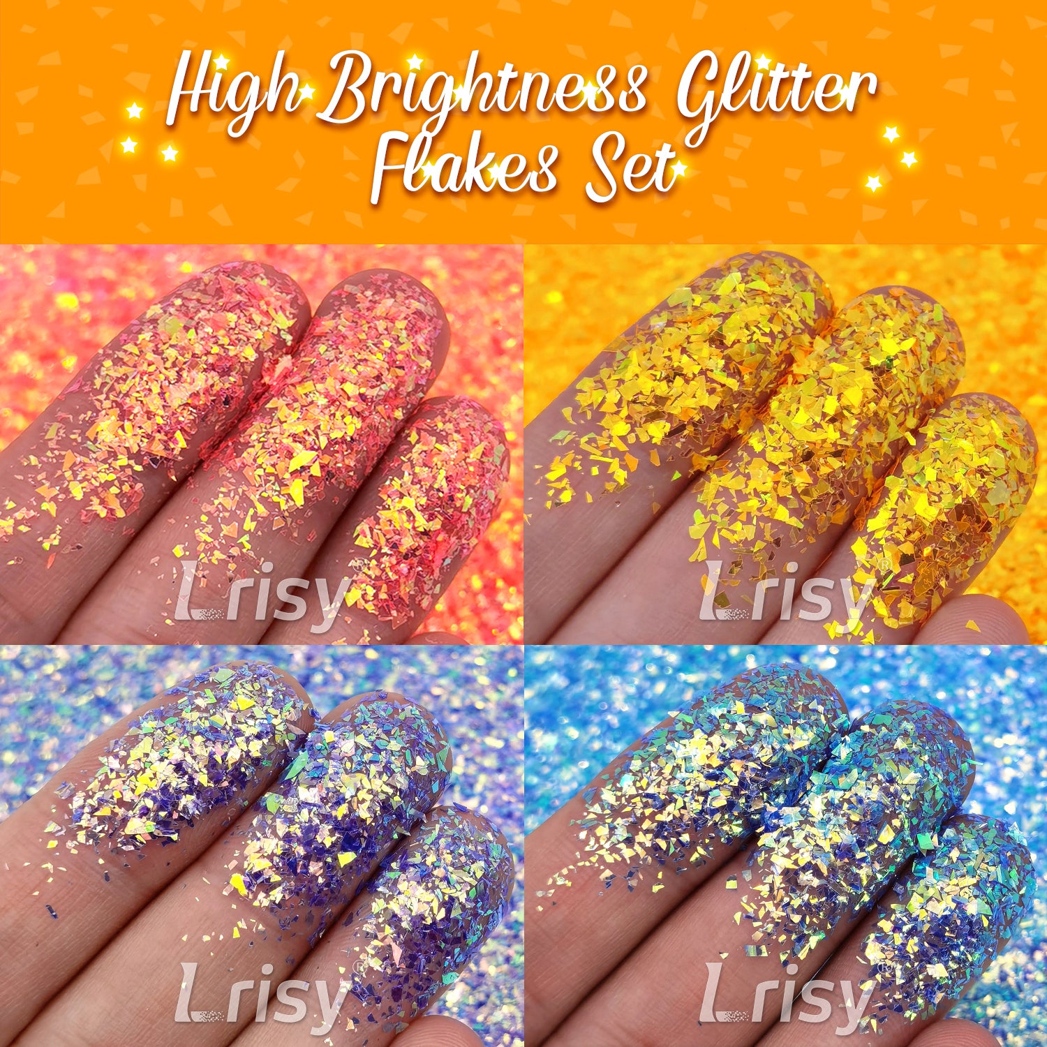 Lrisy High Brightness 2X2 Glitter Shards (Flakes) Set/Kits 16 Colors (Total 160g)