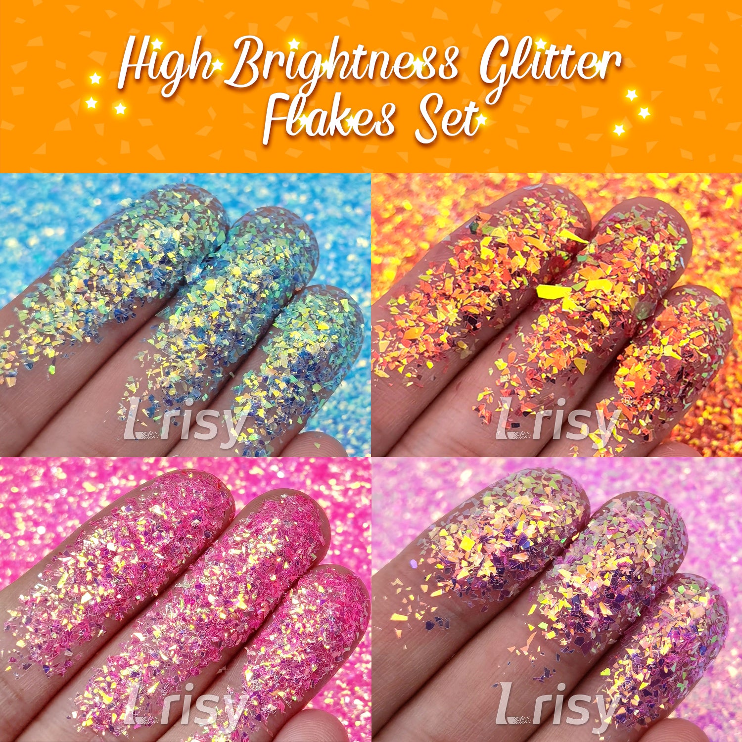 Lrisy High Brightness 2X2 Glitter Shards (Flakes) Set/Kits 16 Colors (Total 160g)