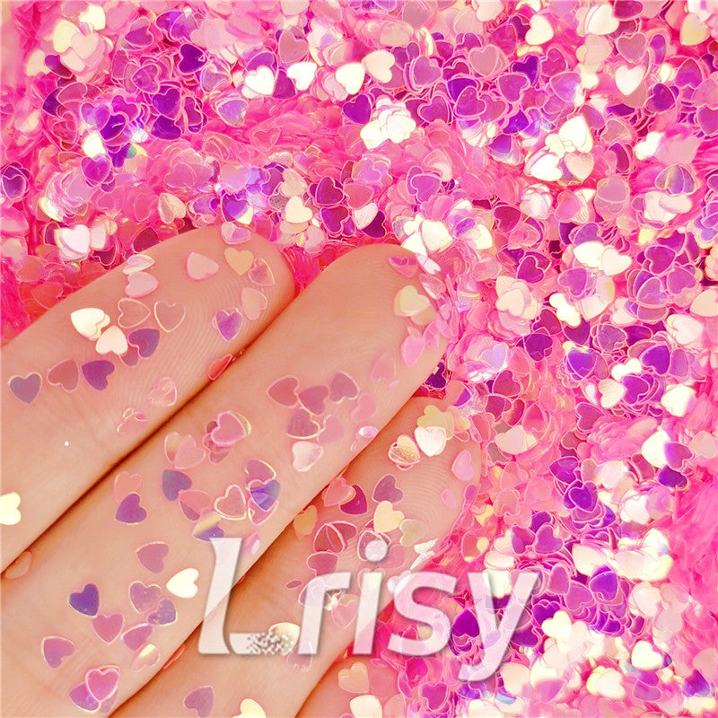 3mm Heart Shaped Iridescent Fluorescent Red Glitter FE-FC339