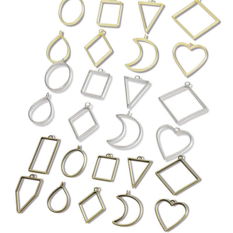 Pack of 10 Silver Geometric Metal Frame, Hollow Bottom Support Pendant Frame