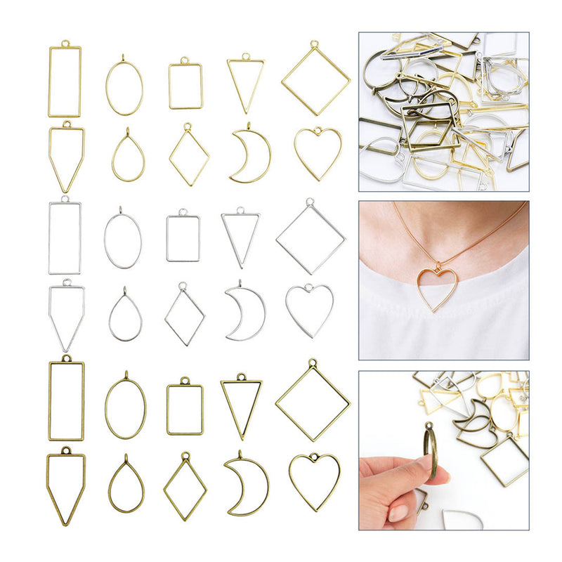 Pack of 10 Silver Geometric Metal Frame, Hollow Bottom Support Pendant Frame