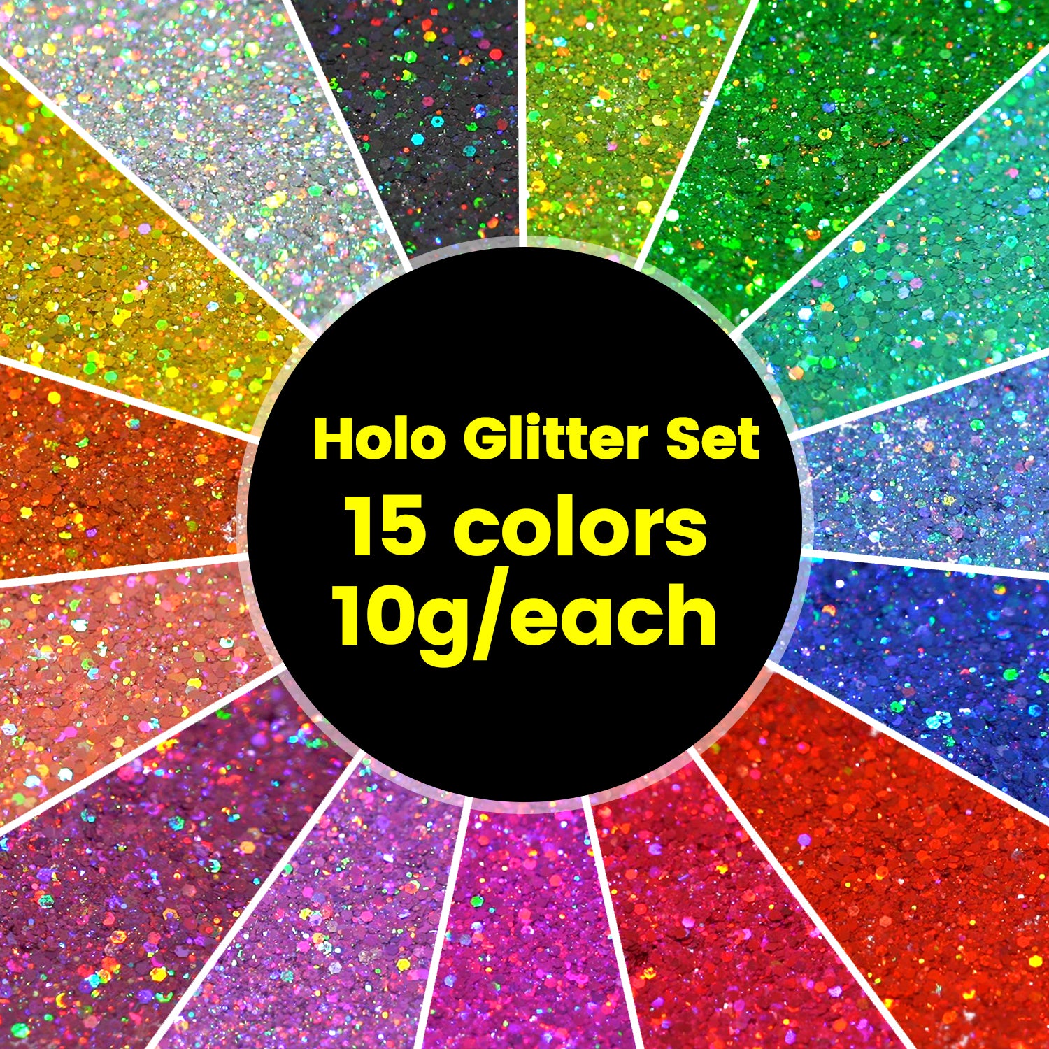 Lrisy General Mixed Holographic Glitter Set/Kits 15 Colors (Total 150g)
