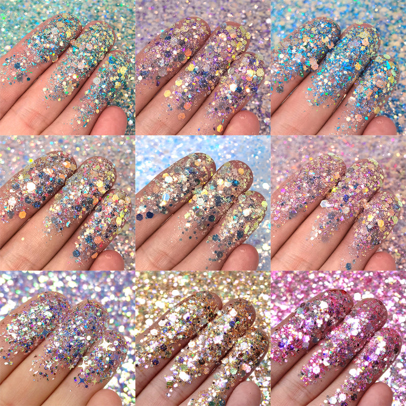Lrisy Amazon 18 Colors Chunky Glitter Holographic Glitters Powder Set for Craft Total 180g