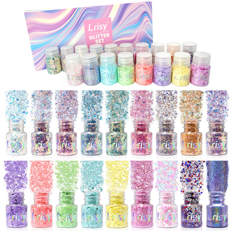 Lrisy Amazon 18 Colors Chunky Glitter Holographic Glitters Powder Set for Craft Total 180g