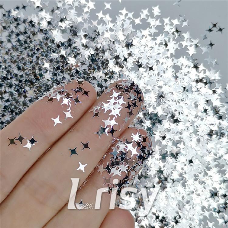 3/4/5mm Four Pointed Star Shapes Mirror Silver Glitter GSY001