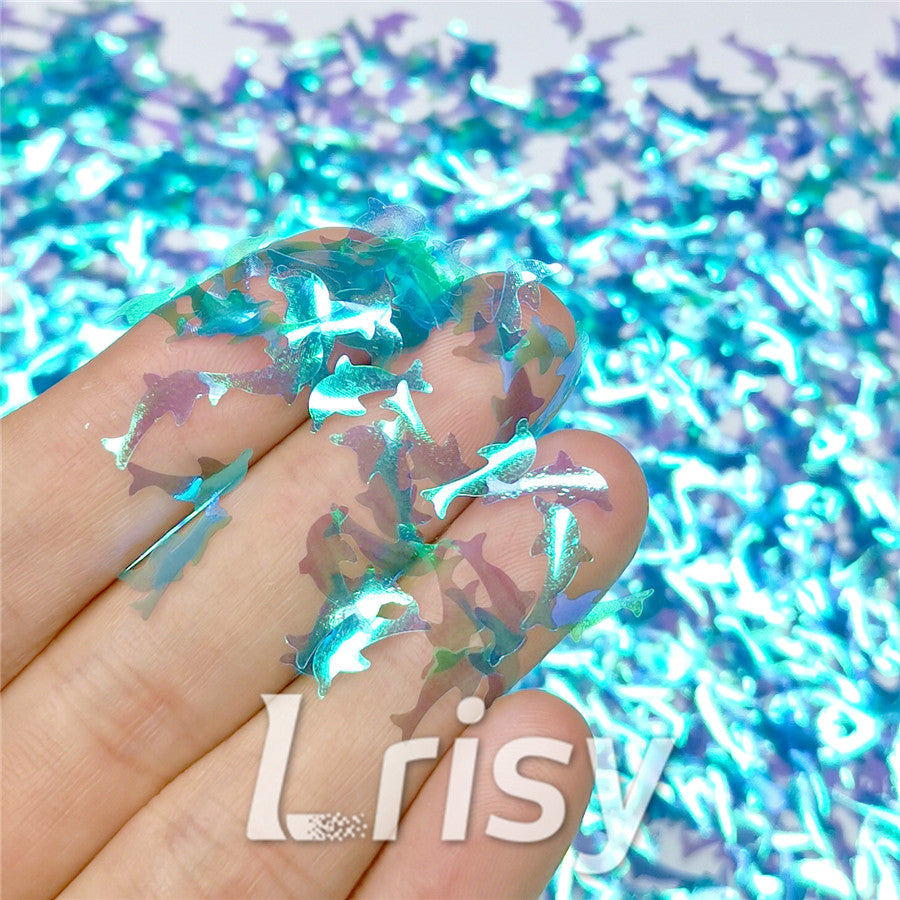 Dolphin Shaped Dream Sky Blue Iridescent Glitter C007