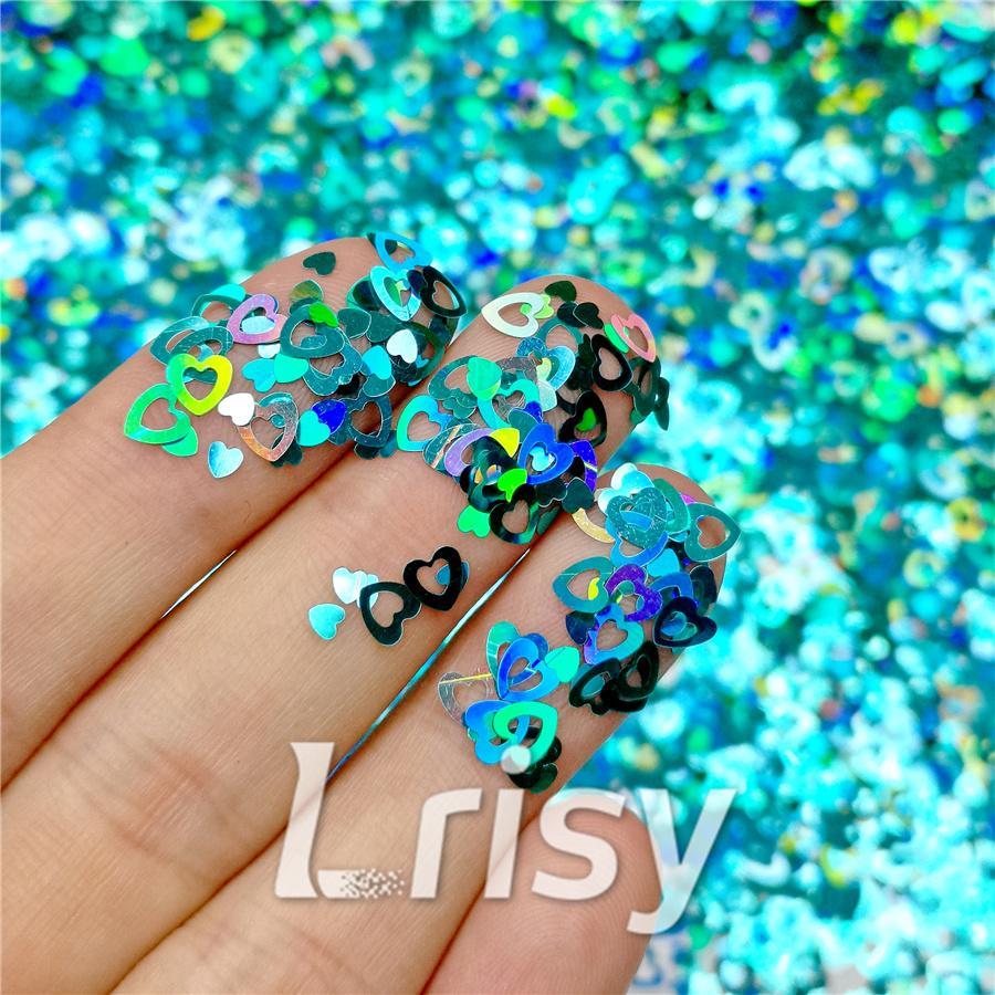 4mm Holographic Teal Green Hollow Out Heart Shaped Glitter LB0702