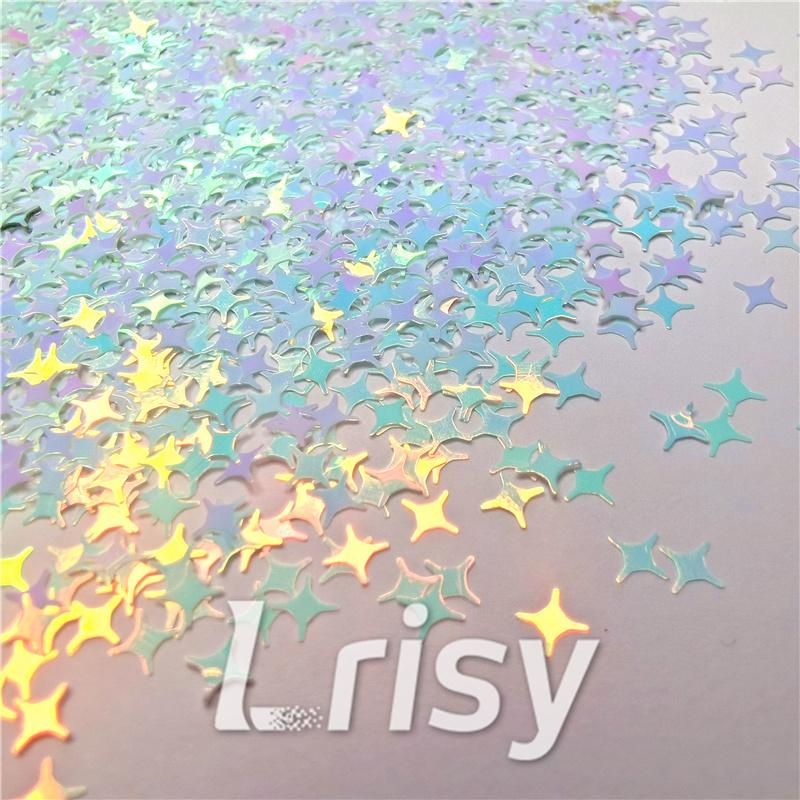 3/4/5mm Four Pointed Star Shaped Ice Blue Iridescent Glitter C021R