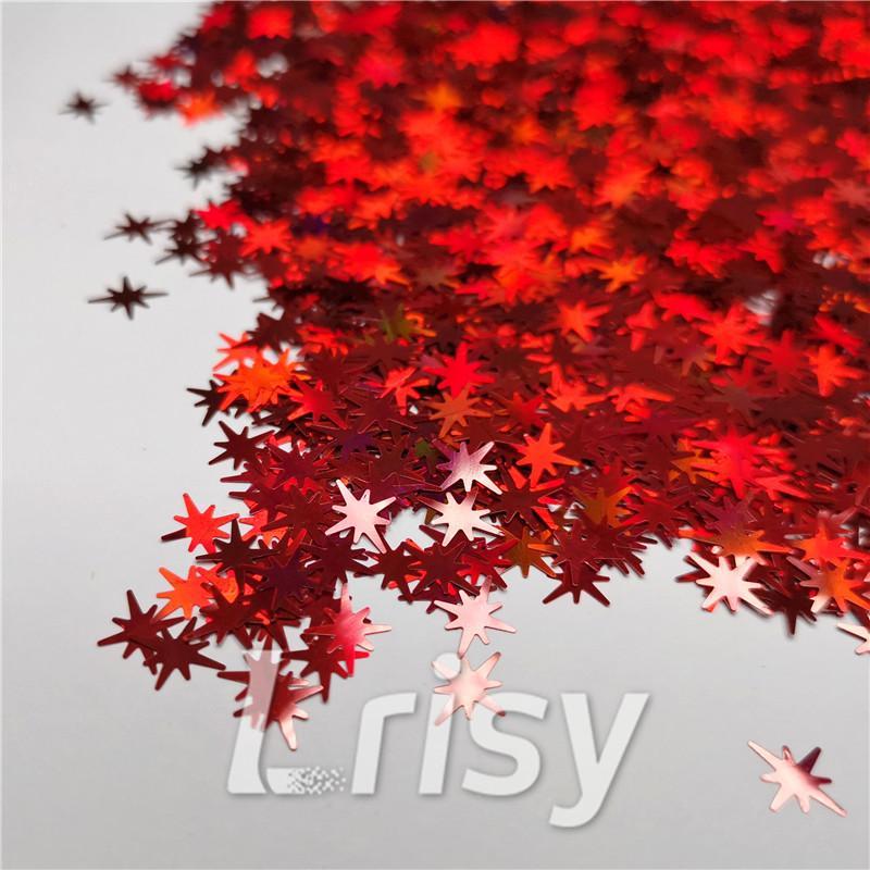 9mm Eight Pointed Star Shapes Laser Red Glitter LB0300